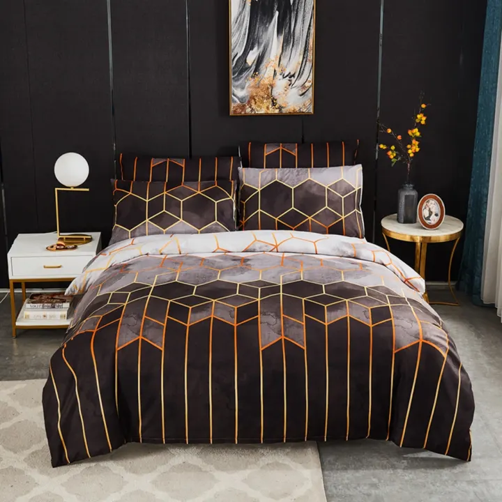 Nordic Geometric Gilt Plaid Duvet Cover, Super King Size Bed Sheets Uk