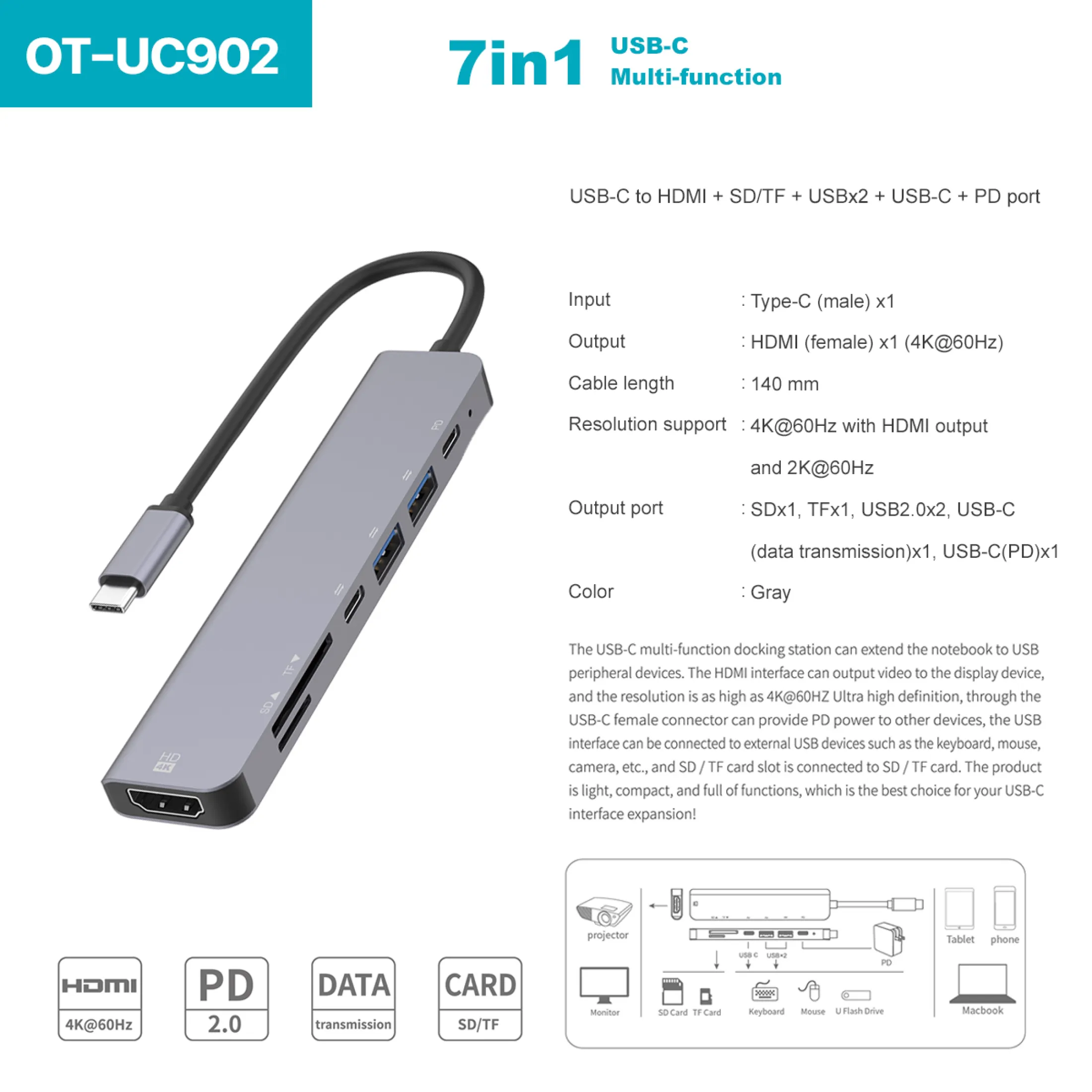 Onten UC902 Type C To HDMI + USB + SD Micro SD+ PD HUB 7 in 1 14