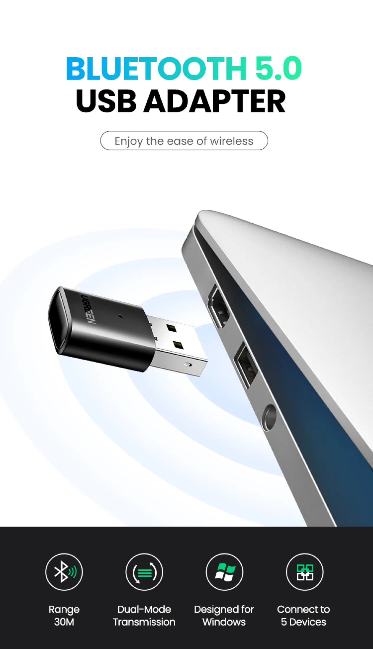 UGREEN Bộ Thu Bluetooth Mini USB, Dongle Bluetooth .Không Dây BT5.0 Đầu Thu Âm Thanh CRS Tương Thích Với Loa .Điện Thoại Windows PC Tay Cầm PS5 /XBOX ONE S.