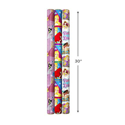 with Cinderella Christmas or Any Occasion Hallmark Disney Princess Wrapping Paper with Cut Lines Ariel Pack of 3, 60 sq. ft. ttl. Jasmine Mulan Snow White and Belle for Birthdays