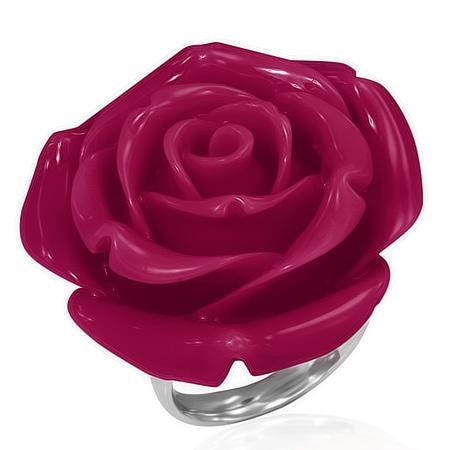 Stainless Steel Maroon Resin Single Bloom Rose Flower Comfort Fit Cocktail Ring